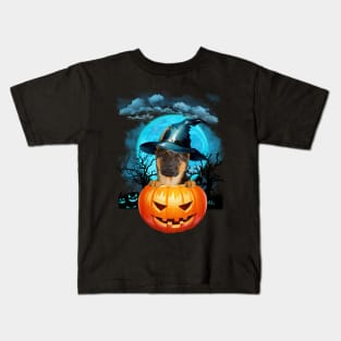 German Shepherd Witch Hat Pumpkin And Blue Moon Halloween Kids T-Shirt